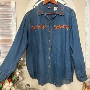 Vintage Faded Glory Fall Embroidered DesignDenim Shirt 18/20W